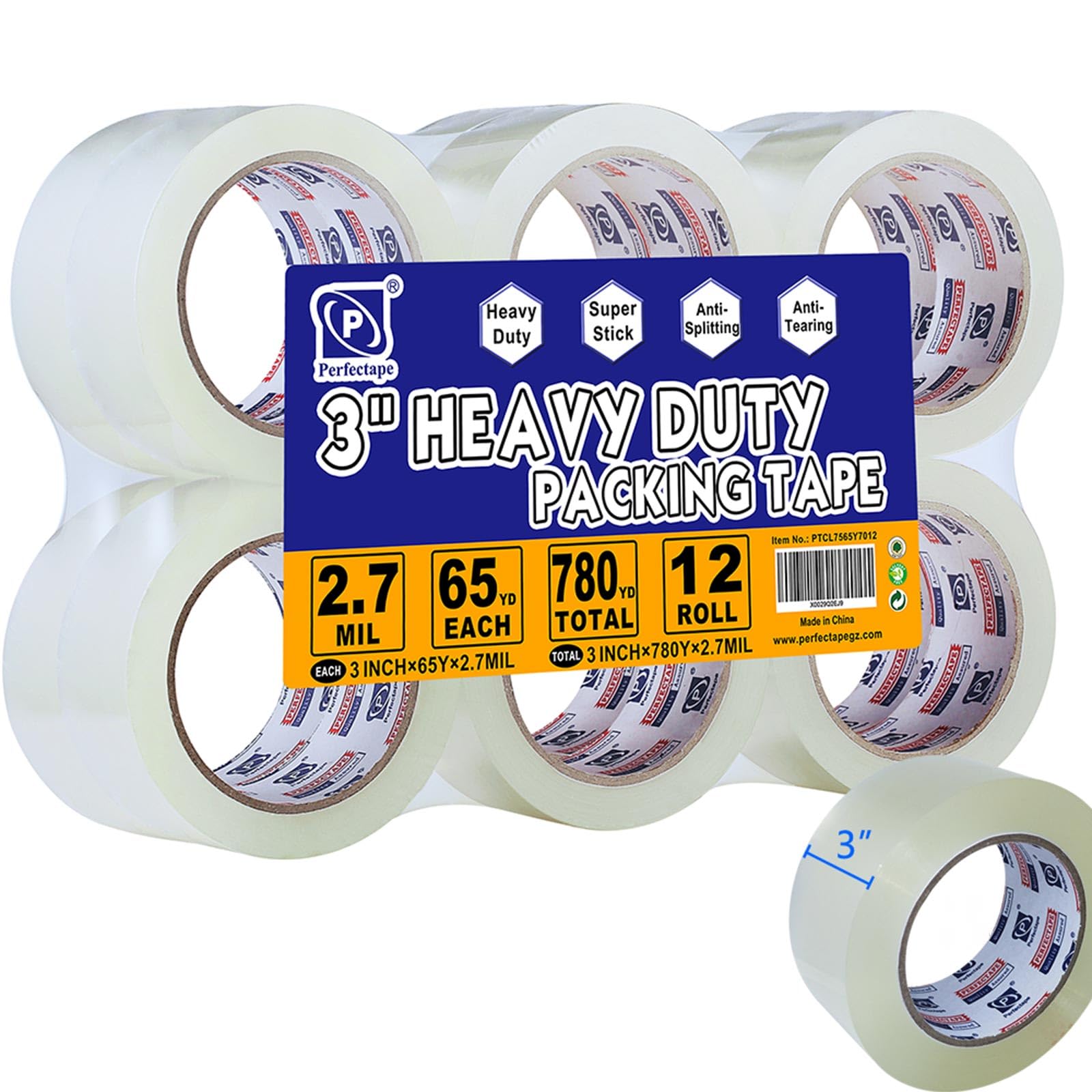 Perfectape 3' Heavy Duty Packing Tape 12 Rolls, Total 780Y, Clear, 2.7 Mil, 3 Inch X 65 Yards, Ultra Strong, Refill For Packagi
