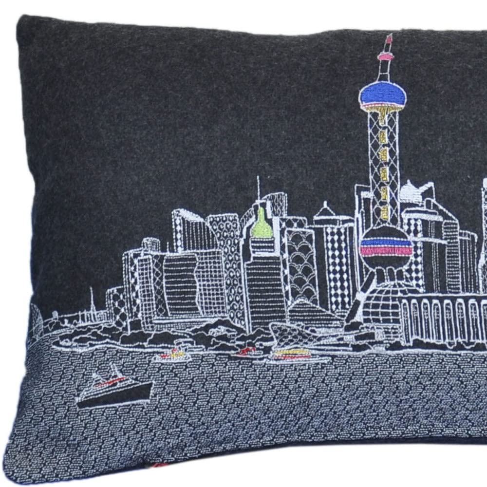 HomeRoots Grey 35' Black Shanghai Nighttime Skyline Lumbar Decorative Pillow
