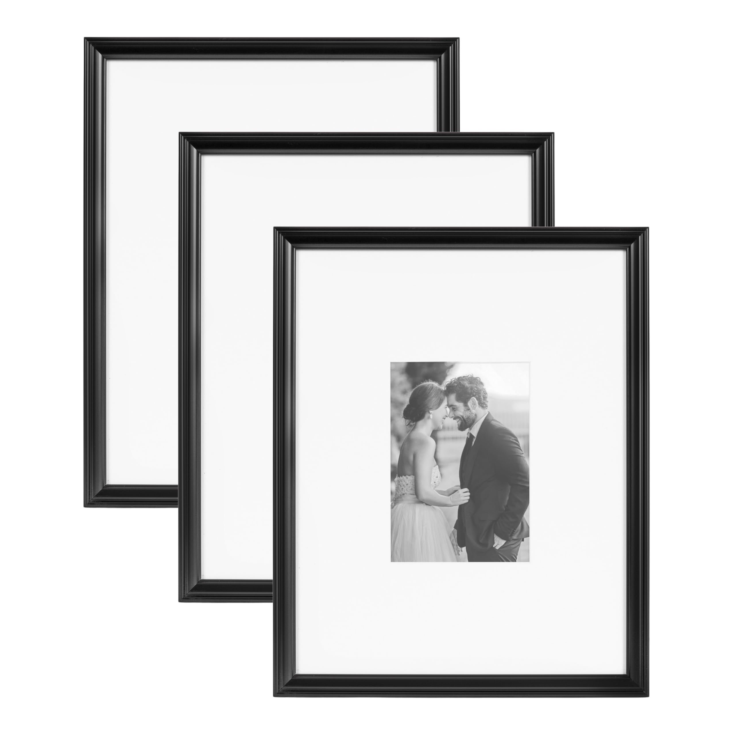 Kate and Laurel Adlynn Rectangle Picture Frame Set of 3, 11 x 14 matted to 5 x 7, Black, Modern Three-Piece Frame Set for Galler