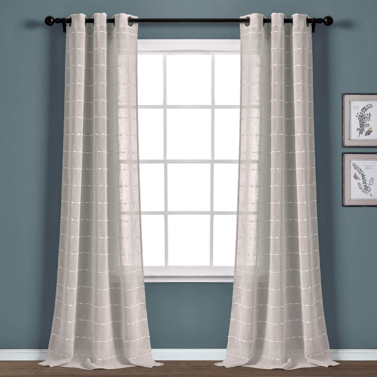 Lush Decor Farmhouse Textured Grommet Sheer Window Curtain Panel Pair, 38'W X 108'L, Gray