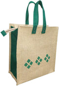 Dashomes Jute Lunch Bag|Tiffin Bag|Tote Bag|Jute Carry Bag|Handbag For Men & Women(Beige Green Design 5)