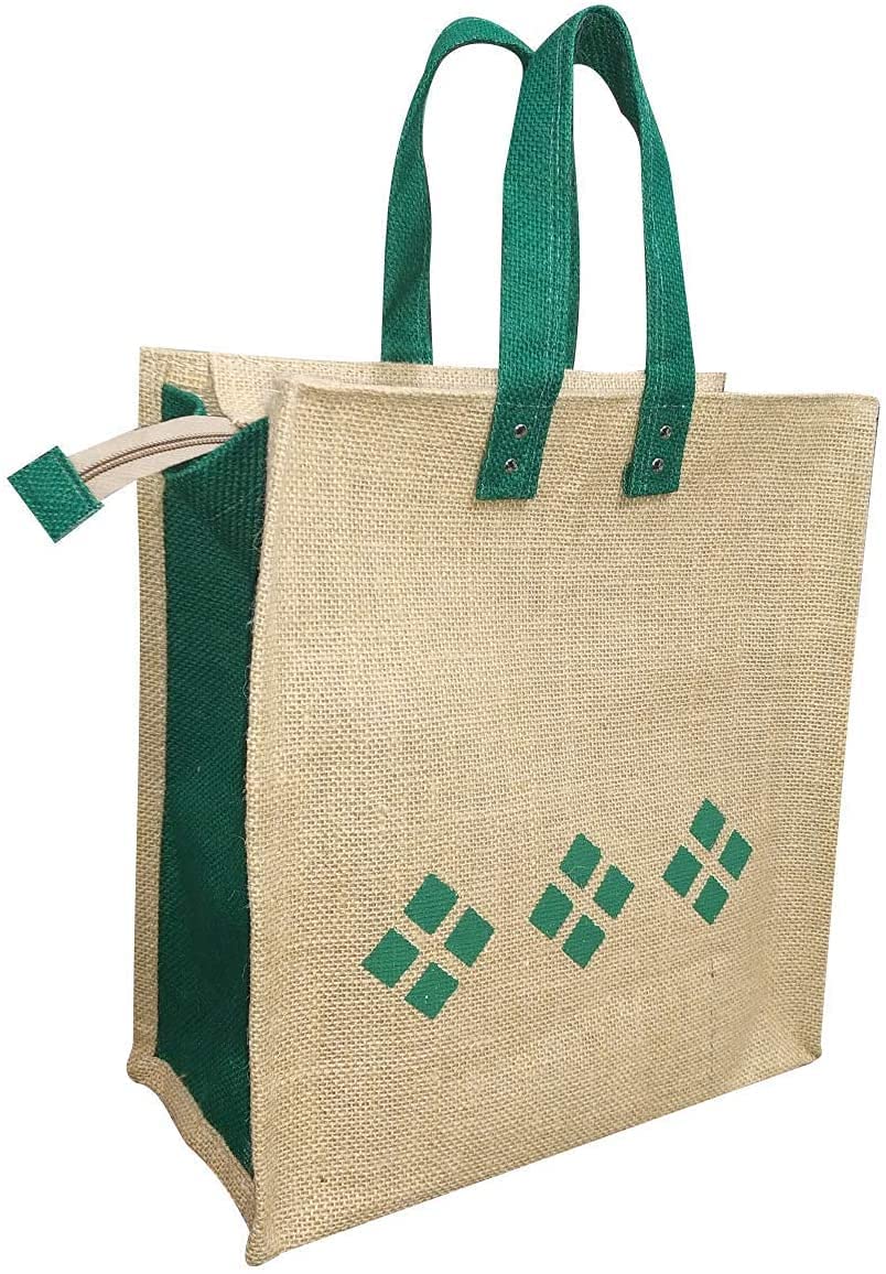 Dashomes Jute Lunch Bag|Tiffin Bag|Tote Bag|Jute Carry Bag|Handbag For Men & Women(Beige Green Design 5)