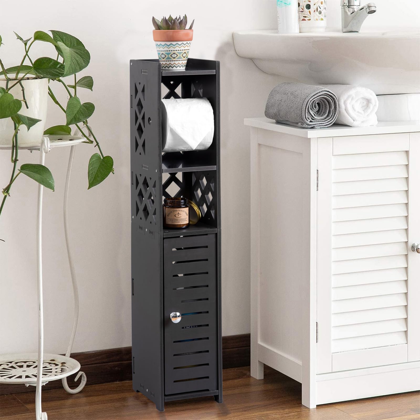 Toilet Paper Storage Cabinet,Toilet Paper Holder Stand,Bathroom Storage Cabinet with Roller,Slim Storage Cabinet for Small Space