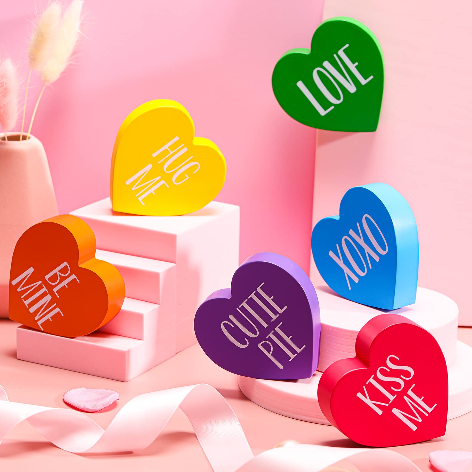 6 Pieces Valentines Day Wooden Sign Heart Shape Home Decor Conversation Heart Signs Candy Heart Tiered Tray Decor Farmhouse Swe