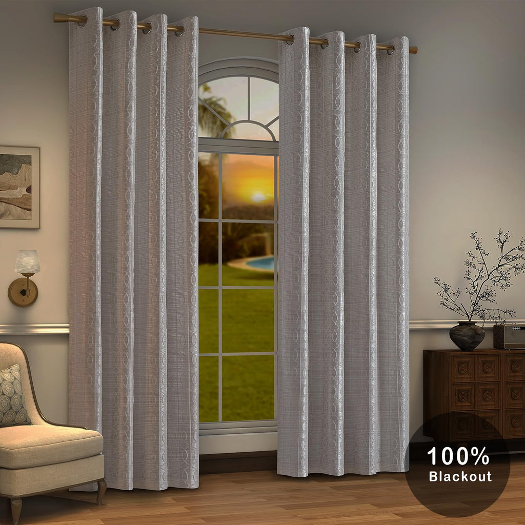 Cream And Silvery 100% Blackout Curtains 84 Inch Length 2 Panels, Jacquard Thermal Insulated Noise Reducing Grommet Drapes For B