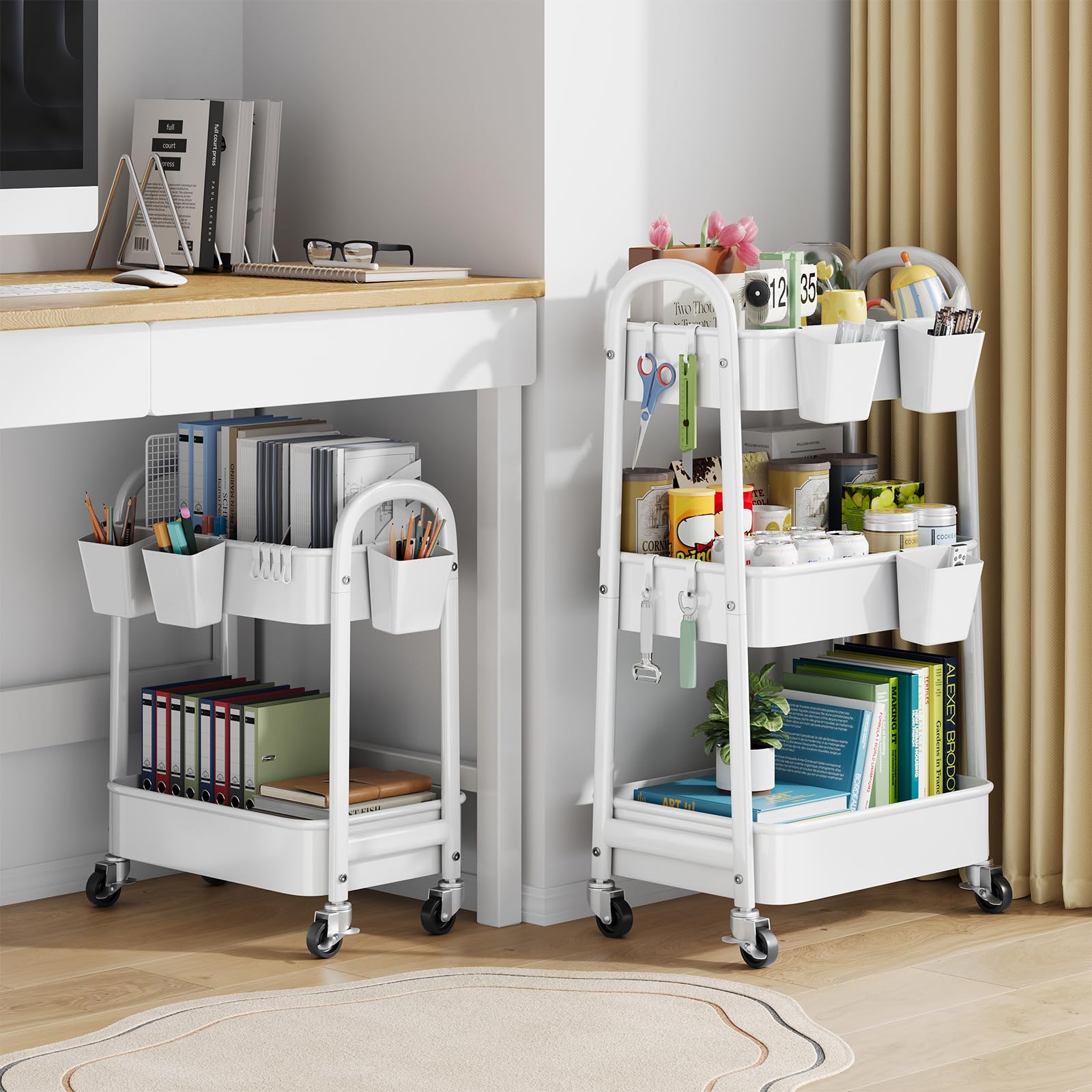 2 Tier Utility Rolling Cart Metal with Wheels, Storage Under Desk Mobile Trolley with Handle, White Two Tiered Utility Organizer