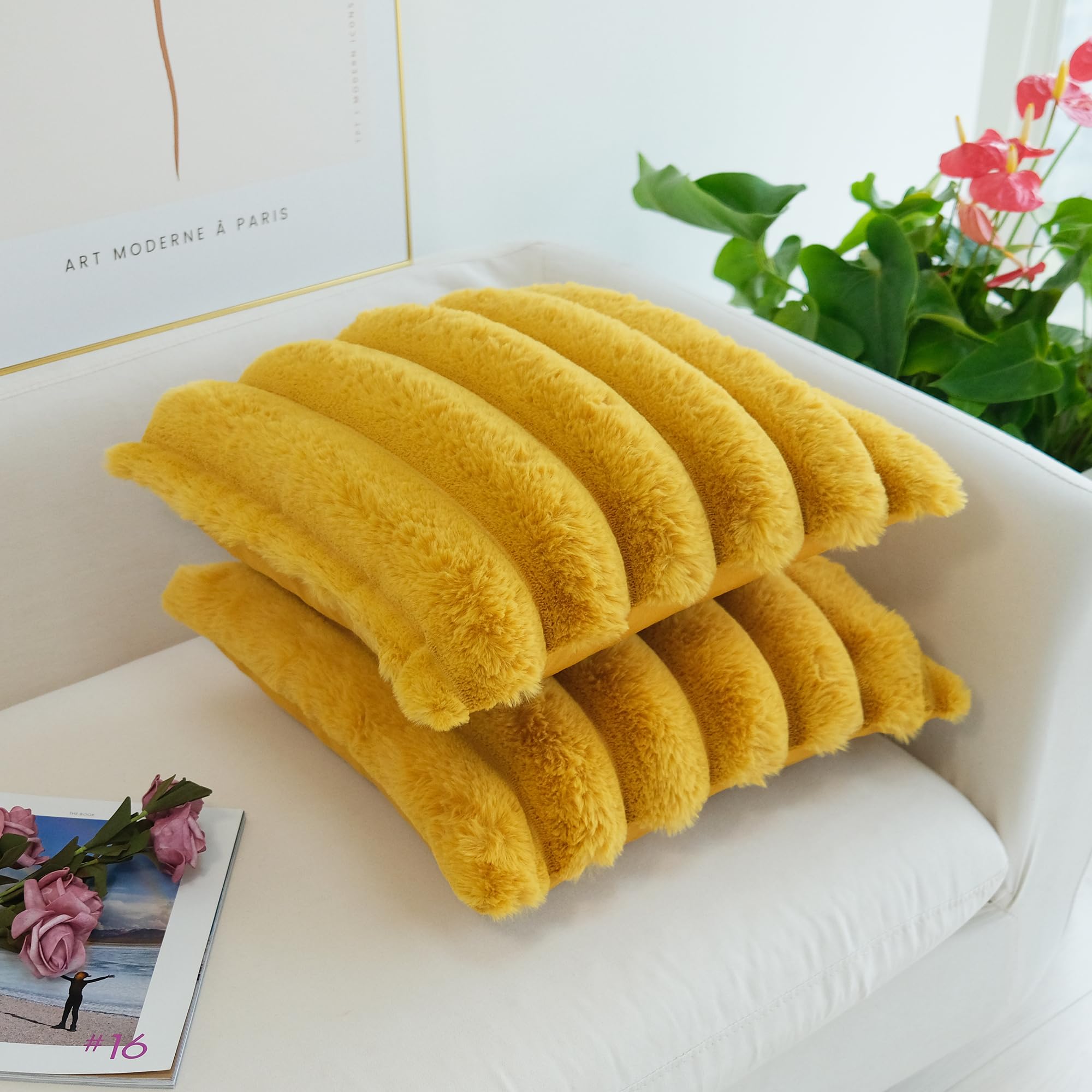 Jojusis Pack Of 2 Faux Fur Plush Decorative Throw Pillow Covers Couch Cushion Case Soft Fluffy Pillowcases Wide Stripe (Yellow,