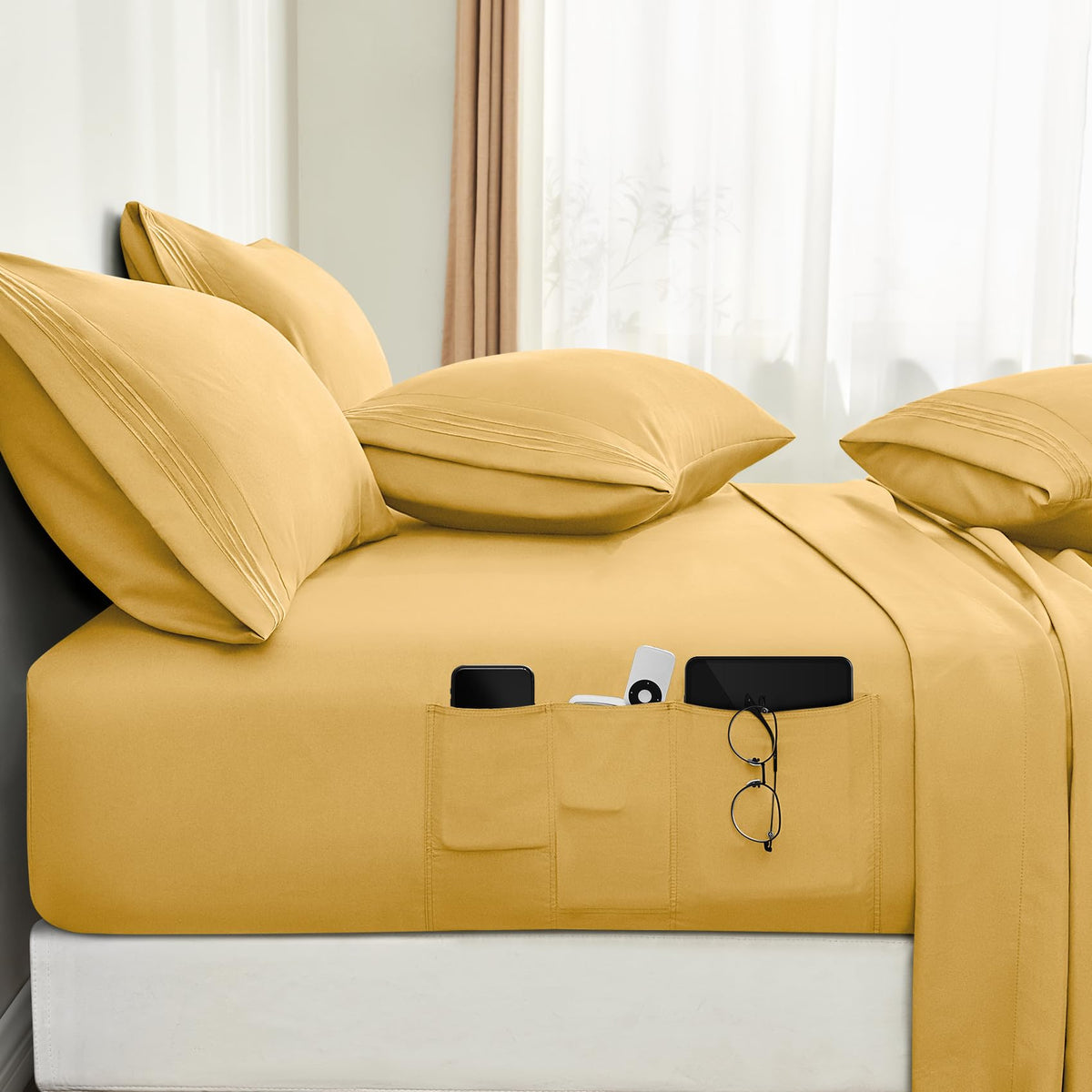 Bysure 6 Pieces Bed Sheets Set With Pockets On Side(Full, Gold), Sweat-Wicking Breathable Sheets, 16-Inch Super Soft Hotel Embro