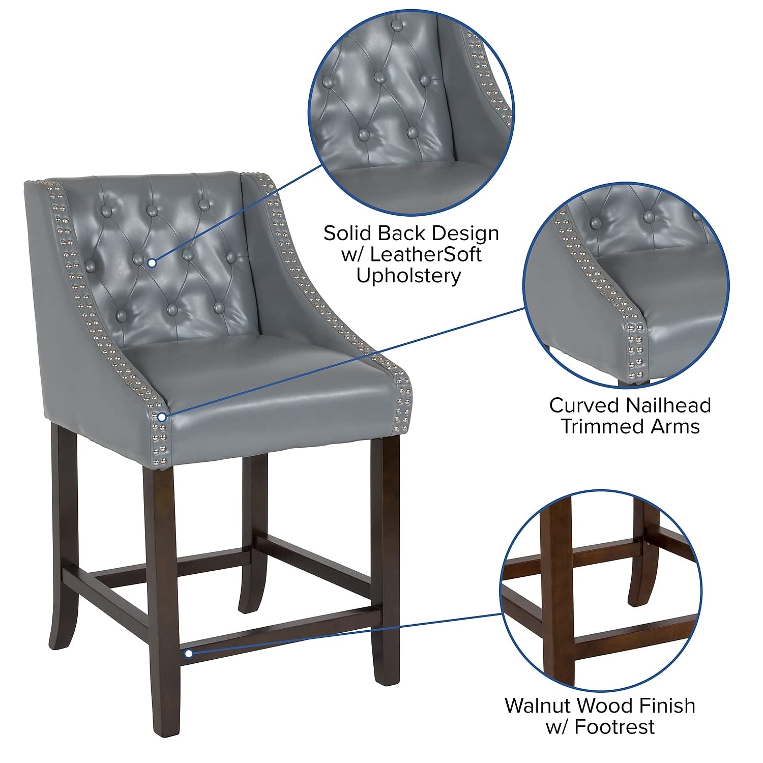 Flash Furniture Carmel Series 24&quot; High Transitional Tufted Walnut Counter Height Stool With Accent Nail Trim In Light Gray Leathersoft