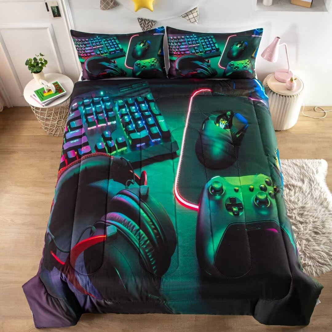 Grat Tioc Gamer Comforter Sets For Teen Boys,Gaming Bedding Sets Queen,Video Game Bedspread,Game Gamepad Bed Set,Controller Bedd