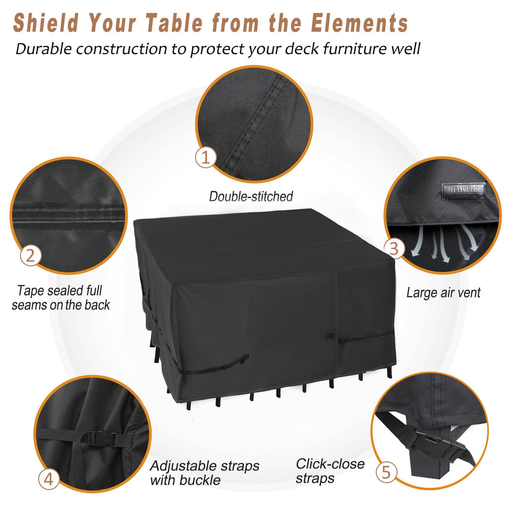 Nettypro Patio Table Cover Square 92 X 92 Inch, Waterproof Outdoor Furniture Dining Set Covers For Table And Chair, Black