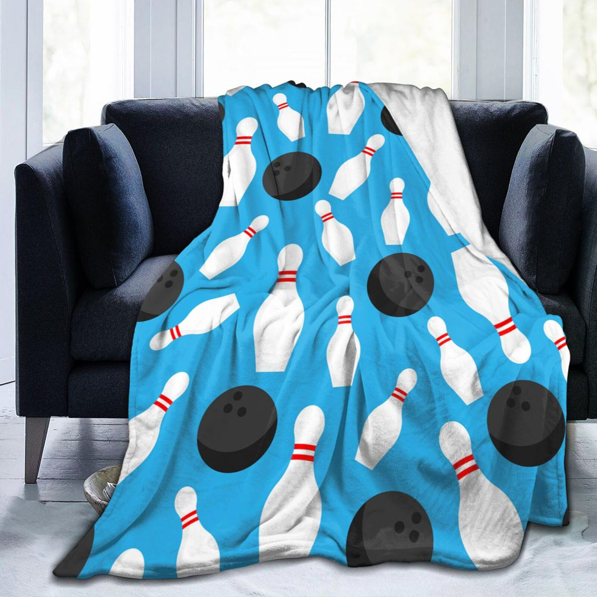 Sport Bowling Ball Pins Blue Fun Throw Blanket Soft Bed Bedding Warm Cozy Plush Flannel Fleece Blankets Gifts For Kids Boys Teen