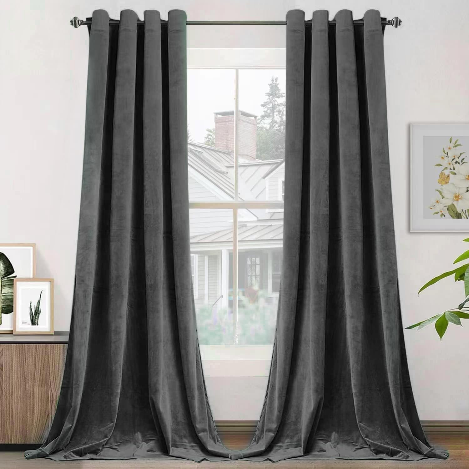 Smiletime Dark Grey 90In Long Velvet Curtains With Grommet, Thermal Insulated Super Soft Privacy Noise Reducing Light Blocking V