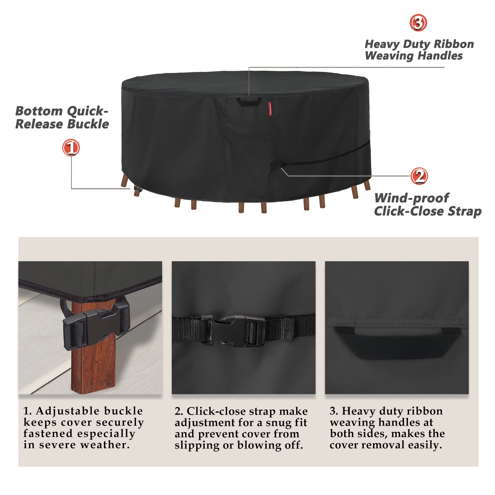 Porch Shield Round Patio Furniture Cover - Waterproof 600D Heavy Duty Outdoor Table And Chairs Cover 84 Inch, Black