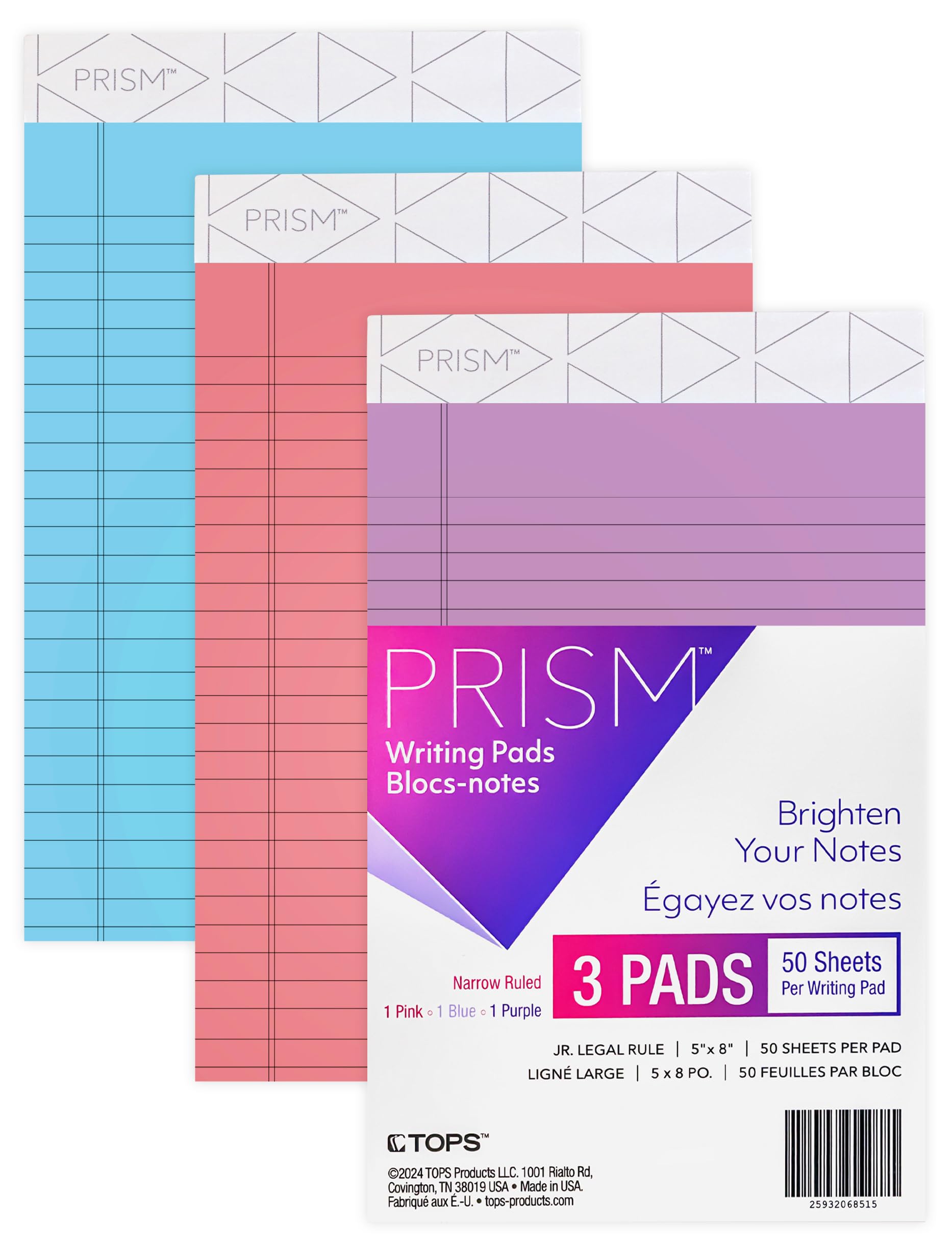 Tops Narrow Ruled Legal Pads 5X8 Inch Lined Paper, Pack Of 3 Colors, Pink, Blue, And Purple, 50 Sheets Per Note Books 5X8, Made
