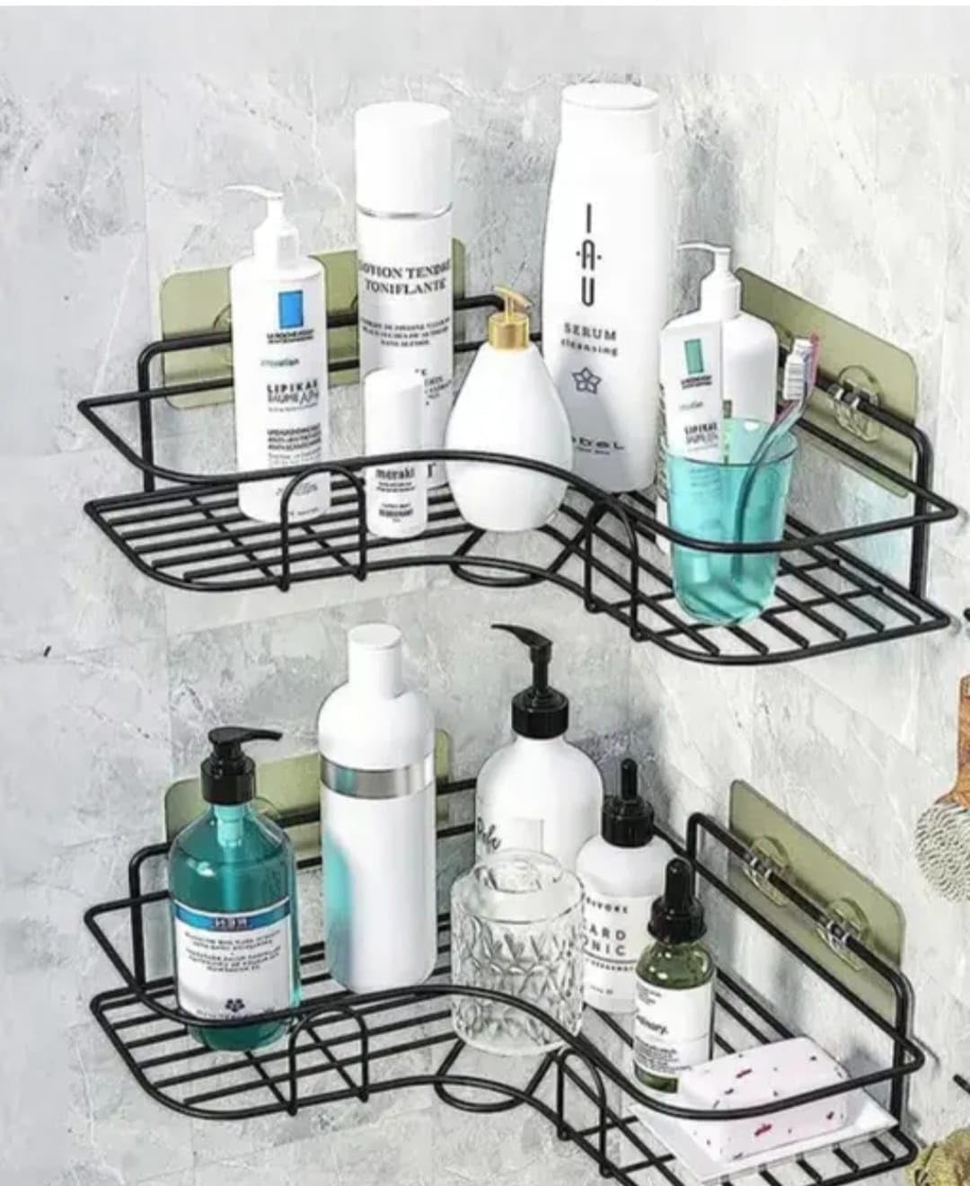 2Piece Corner Shower Caddy, Black Metal WallMounted Bathroom Shelf Organiser With Adhesive, DrillFree Storage Rack For Shampo
