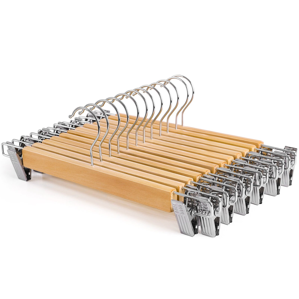 SONGMICS Wooden Pants Hangers 12 Pack, Pants Hangers with Clips, Adjustable Anti-Rust Metal Clips, 360 Swivel Hook, Skirt Hanger