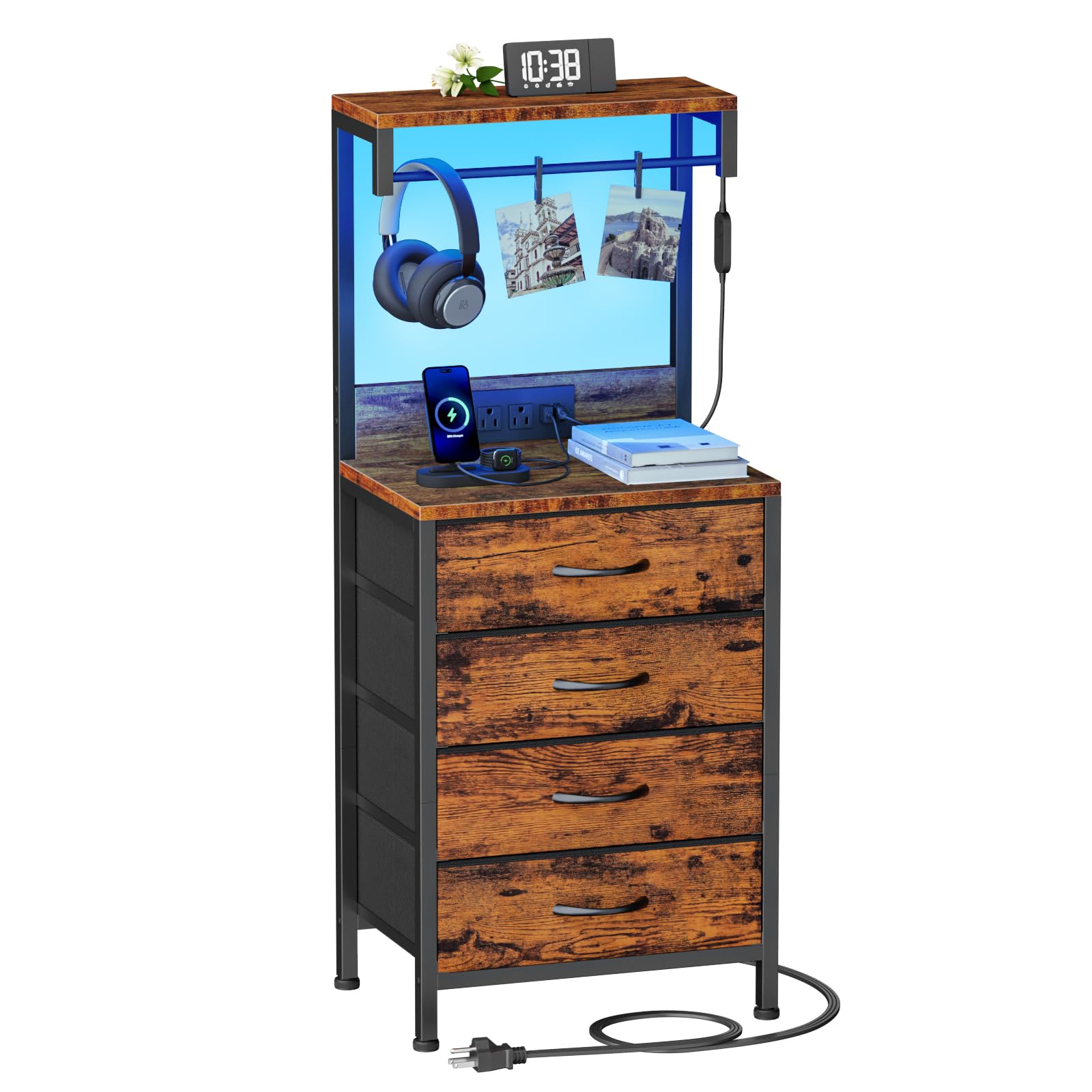 Furnulem Tall Nightstand with 4 Drawers and Storage Shelves, Night Stand with USB Port Charging and LED Lights, Bedside Table fo