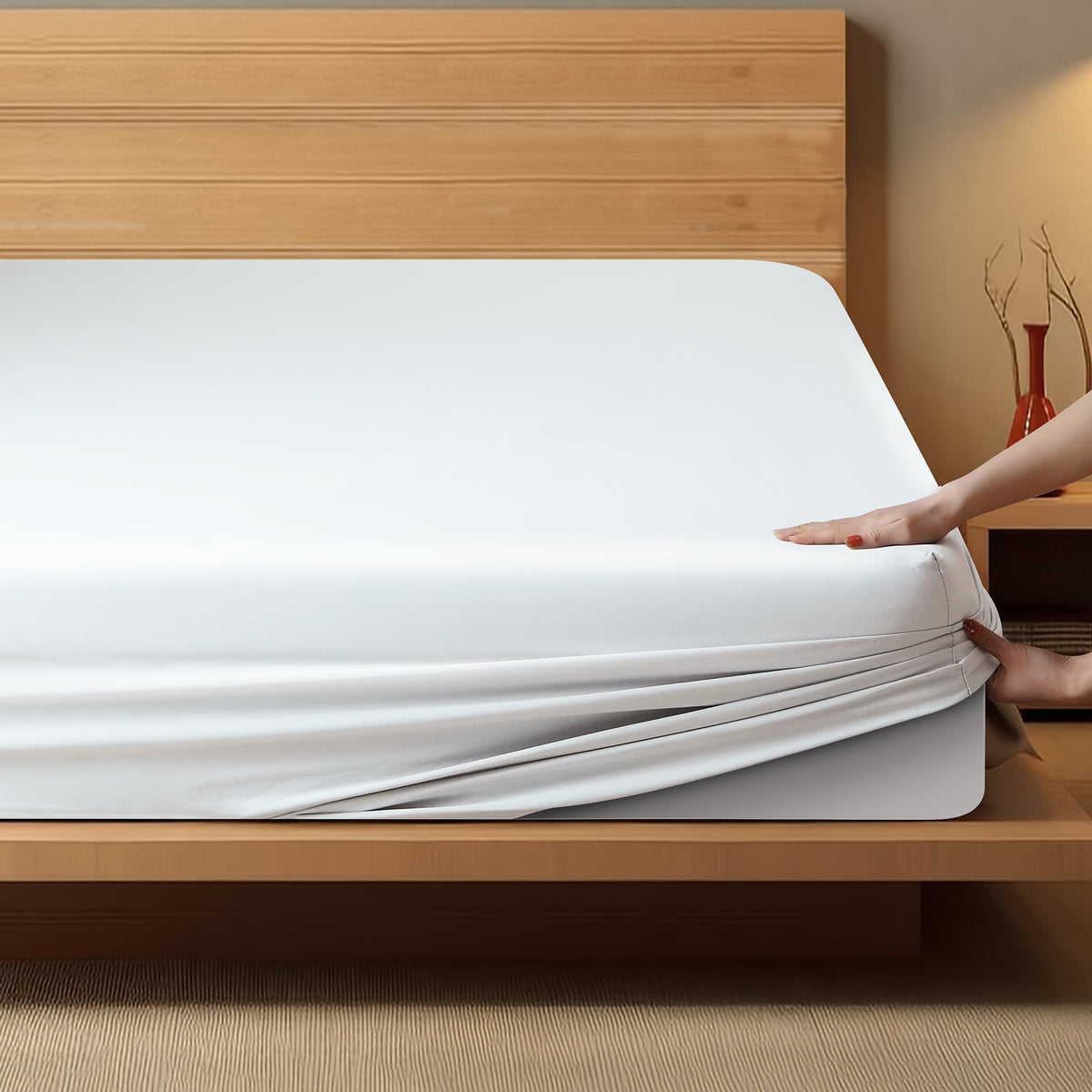 Queen Fitted Sheet Only,Natural Fibre 400 Tc From Bamboo Viscose, 1 Pc Bottom Sheet,Hotel Luxury Silky Bedding Fitted Sheet,8'