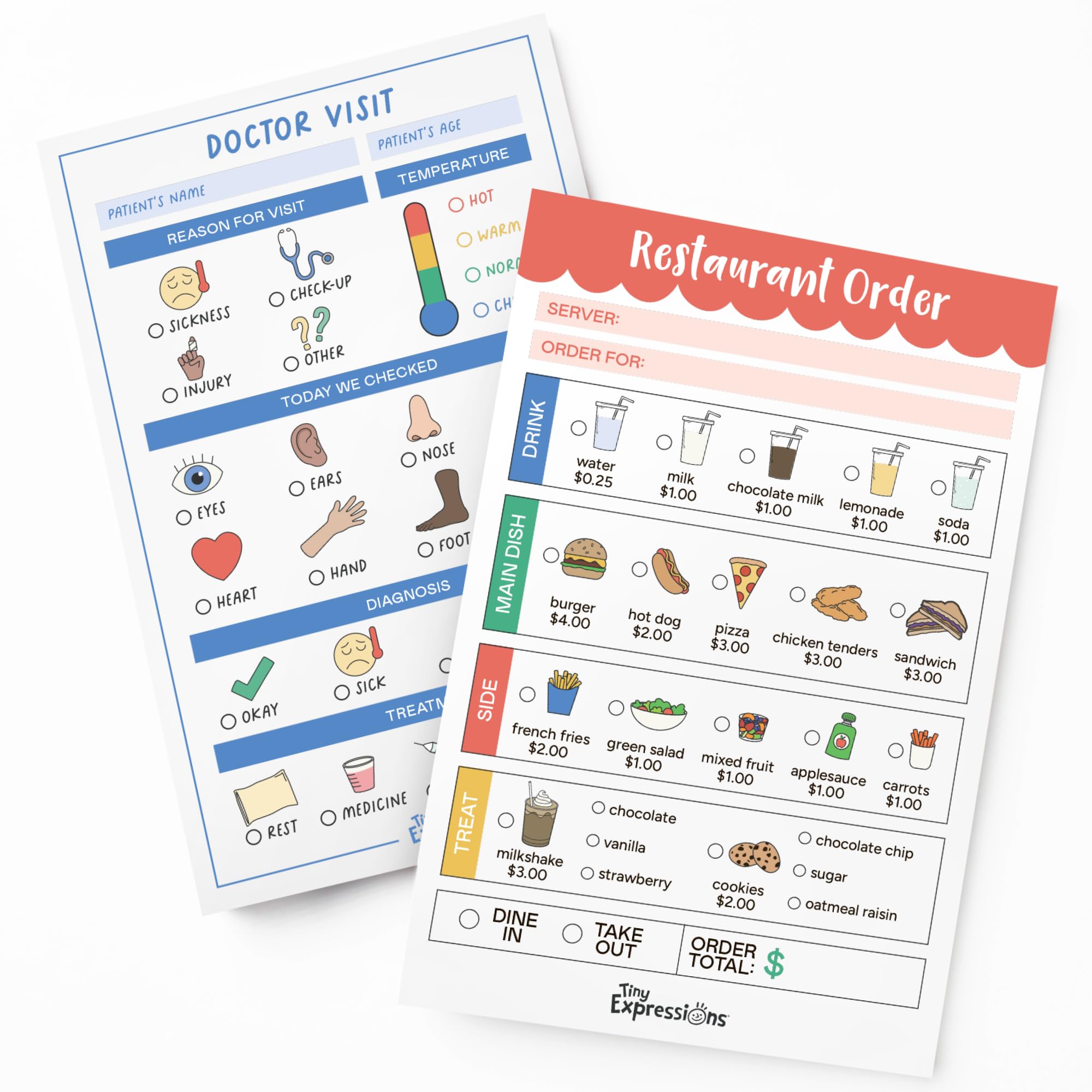 Tiny Expressions Playtime Notepads - 2-Pack Kids Pretend Play Notepads - 40 Pages Order-Taking Restaurant & 40 Pages Doctor Visi