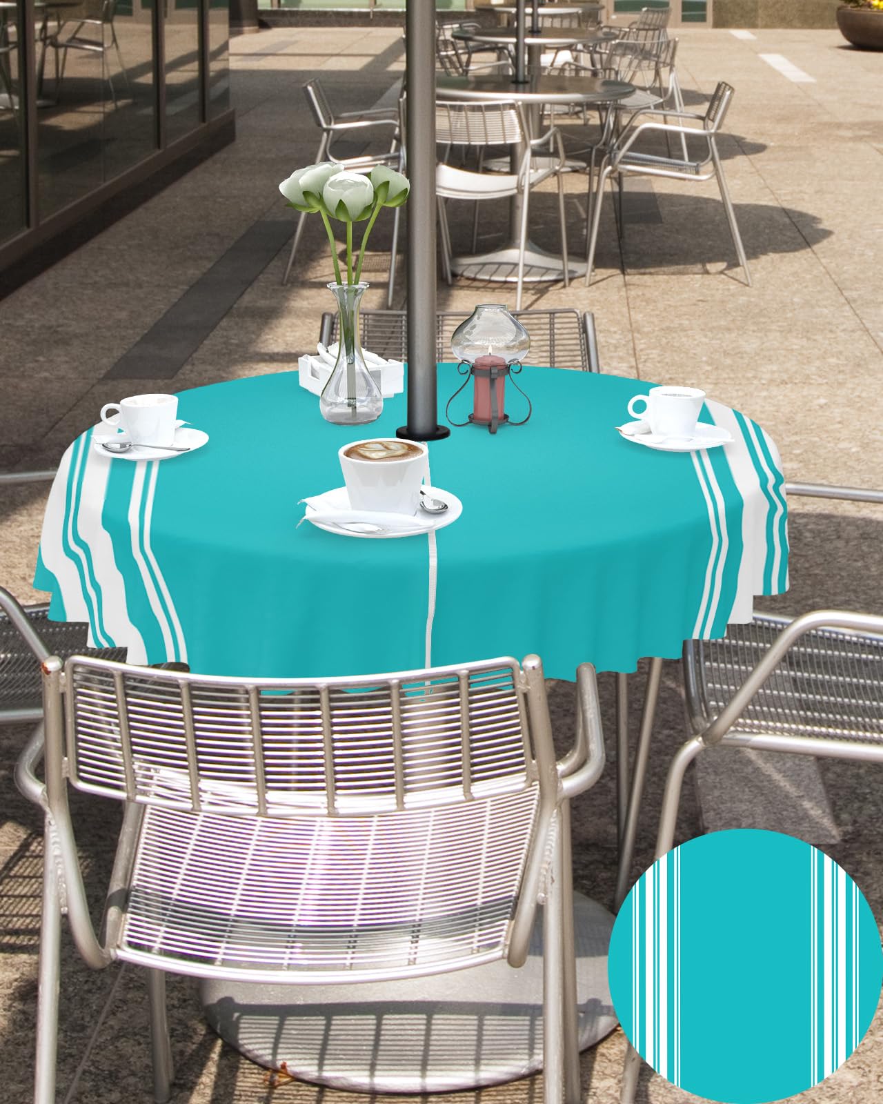 Queenker Outdoor Tablecloth With Umbrella Hole, Farmhouse Aqua White Stripe Round Tables Waterproof Tabletop Collection For Pati