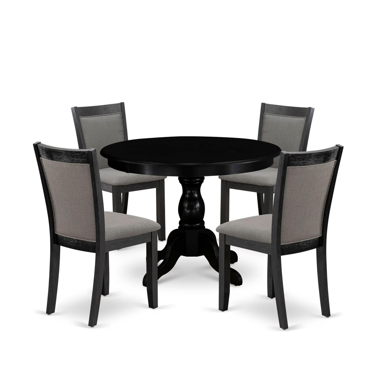 East West Furniture HBMZ5-AB6-50 5 Piece Dinette Set Includes a Round Dining Table with Pedestal and 4 Dark Gotham Grey Linen Fabric Parson Dining Room Chairs, 42x42 Inch, Wirebrushed Black