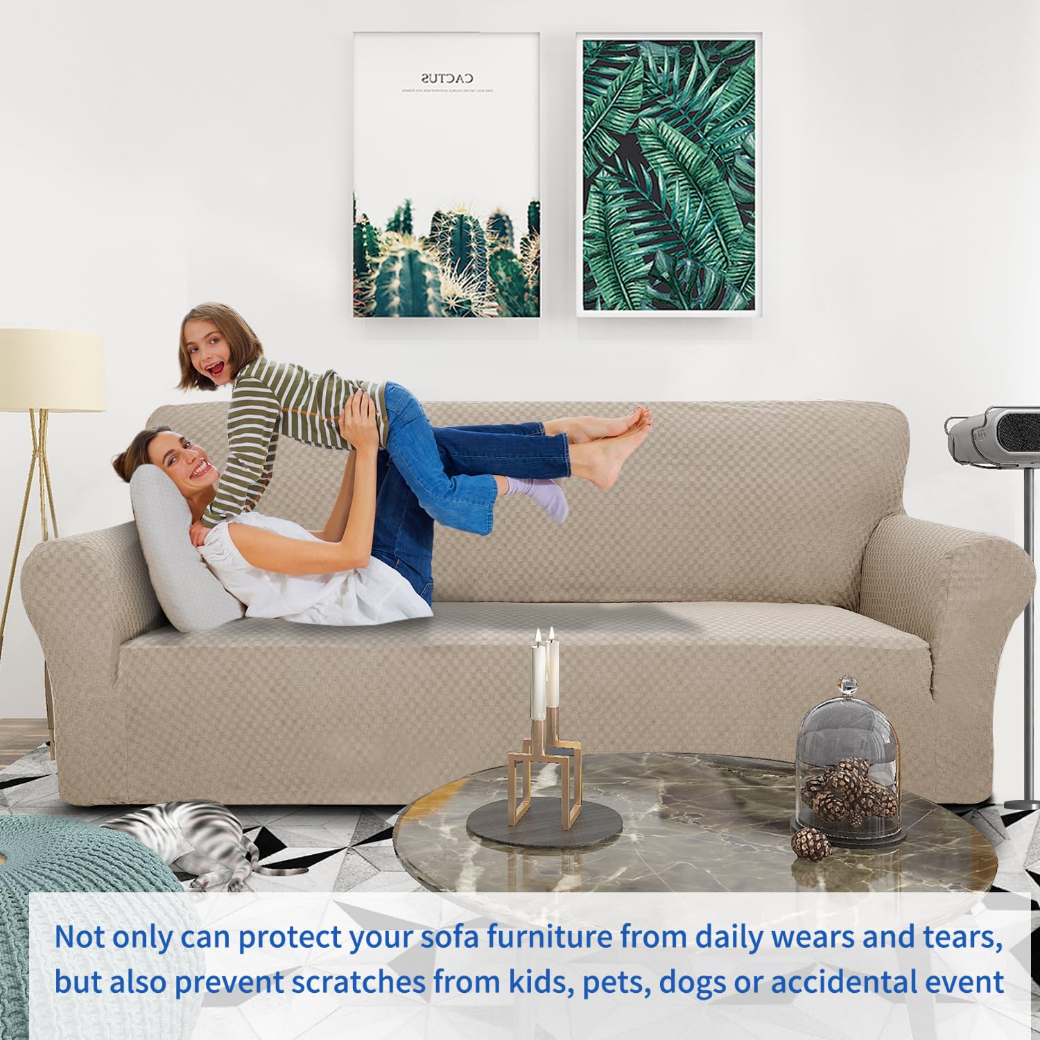 Znsayotx 1 Piece Jacquard Couch Covers For 3 Cushion Couch Living Room High Stretch Sofa Cover Pets Dogs Friendly Anti Slip Thickened Slipcovers Furniture Protector (Sofa, Khaki)