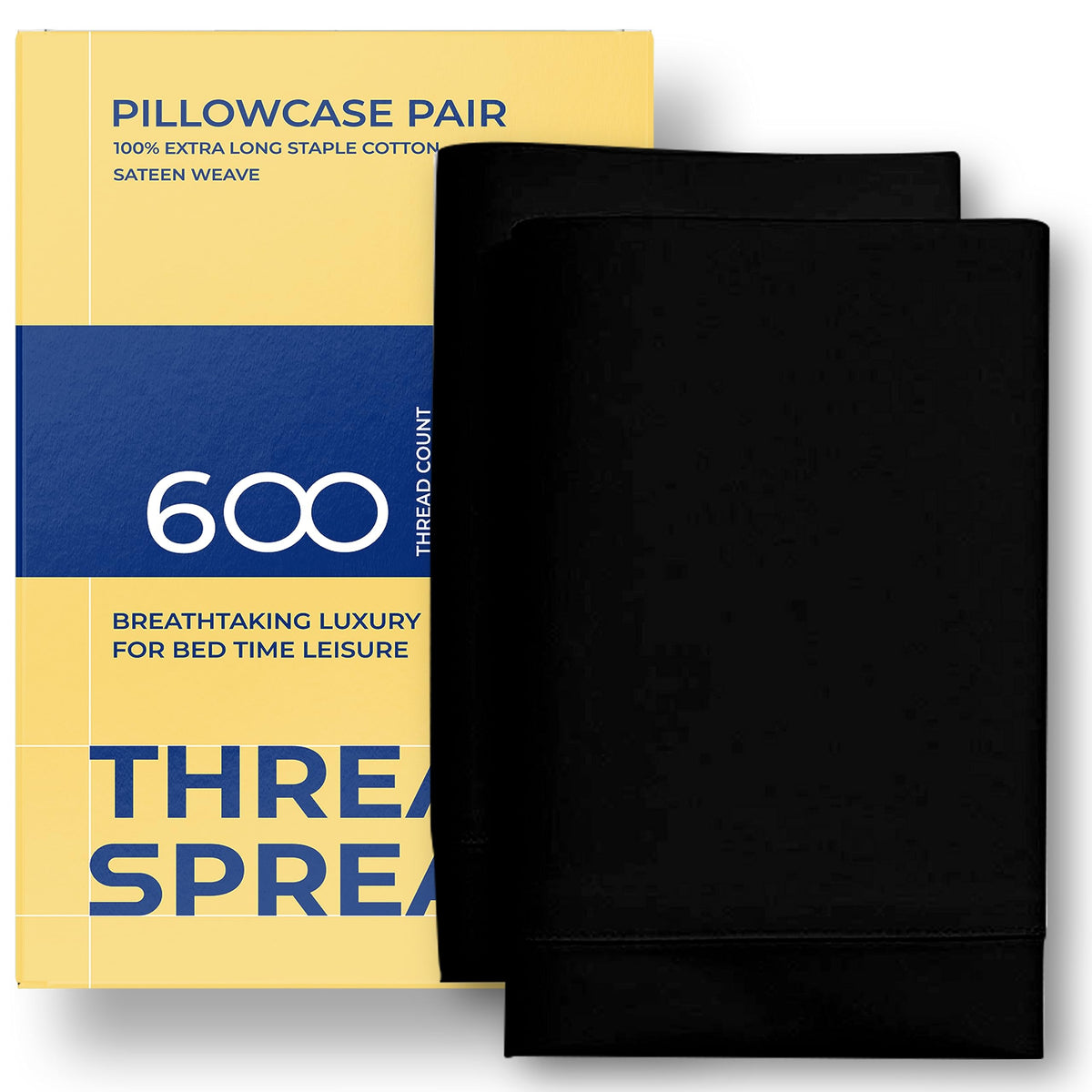 Thread Spread Black Queen Size 600 Thread Count Sateen Pillowcases, 21' W X 32' L, 100% Extra Long Staple Cotton, Free From To
