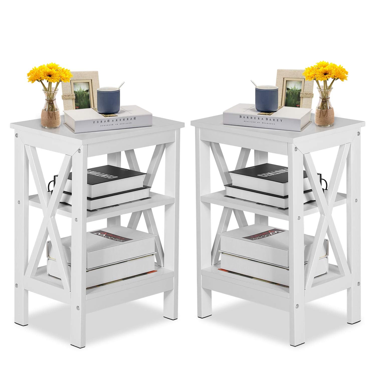 VECELO Modern Nightstands X-Design Side End Table Night Stand with Storage Shelf for Bedroom,Living Room,Set of 2 (White A2)