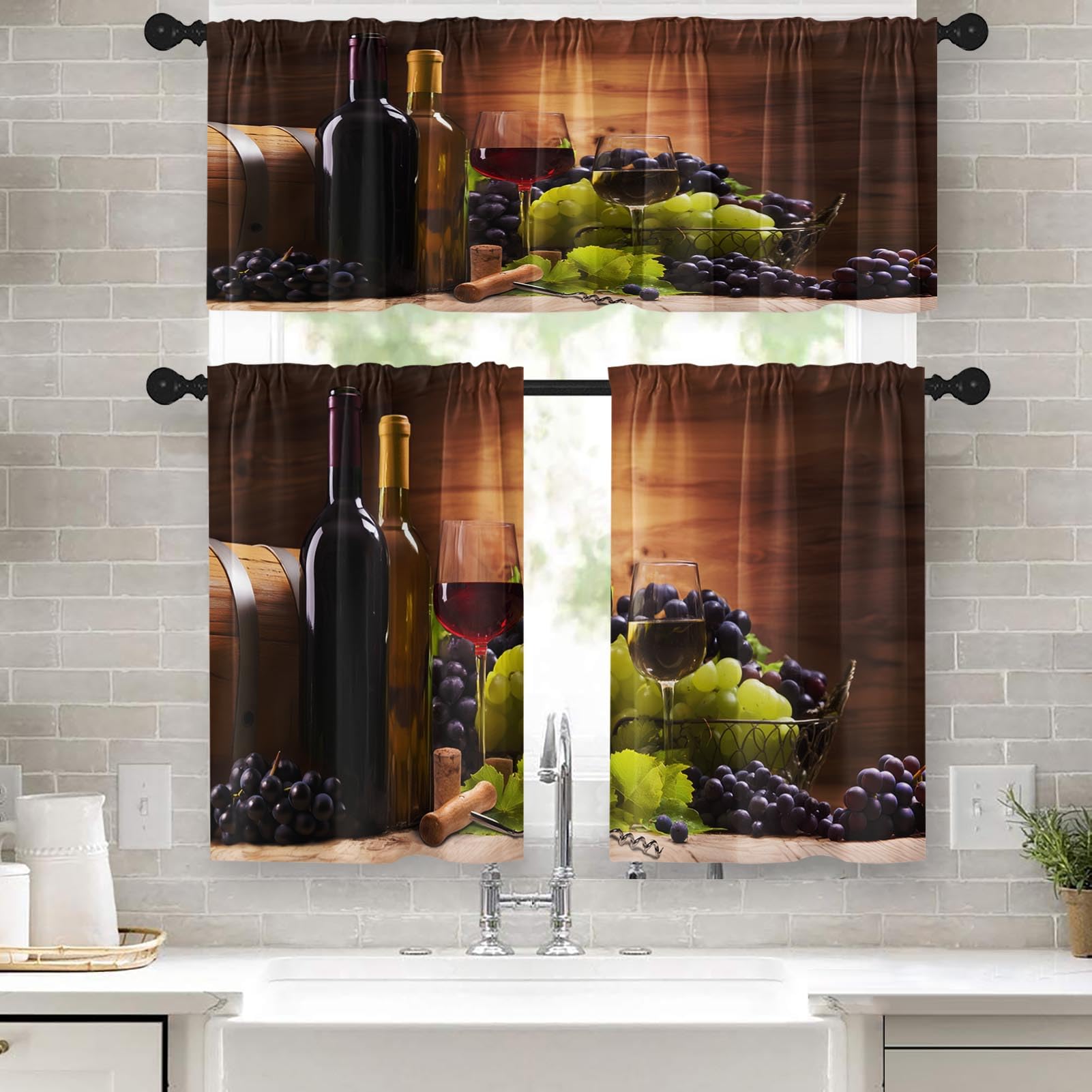 Tayney Red Wine Kitchen Curtains Grapes Glasses Wooden Window Curtains Valance And Tier Set 36 Inch, Vintage Rod Pocket Short Ti