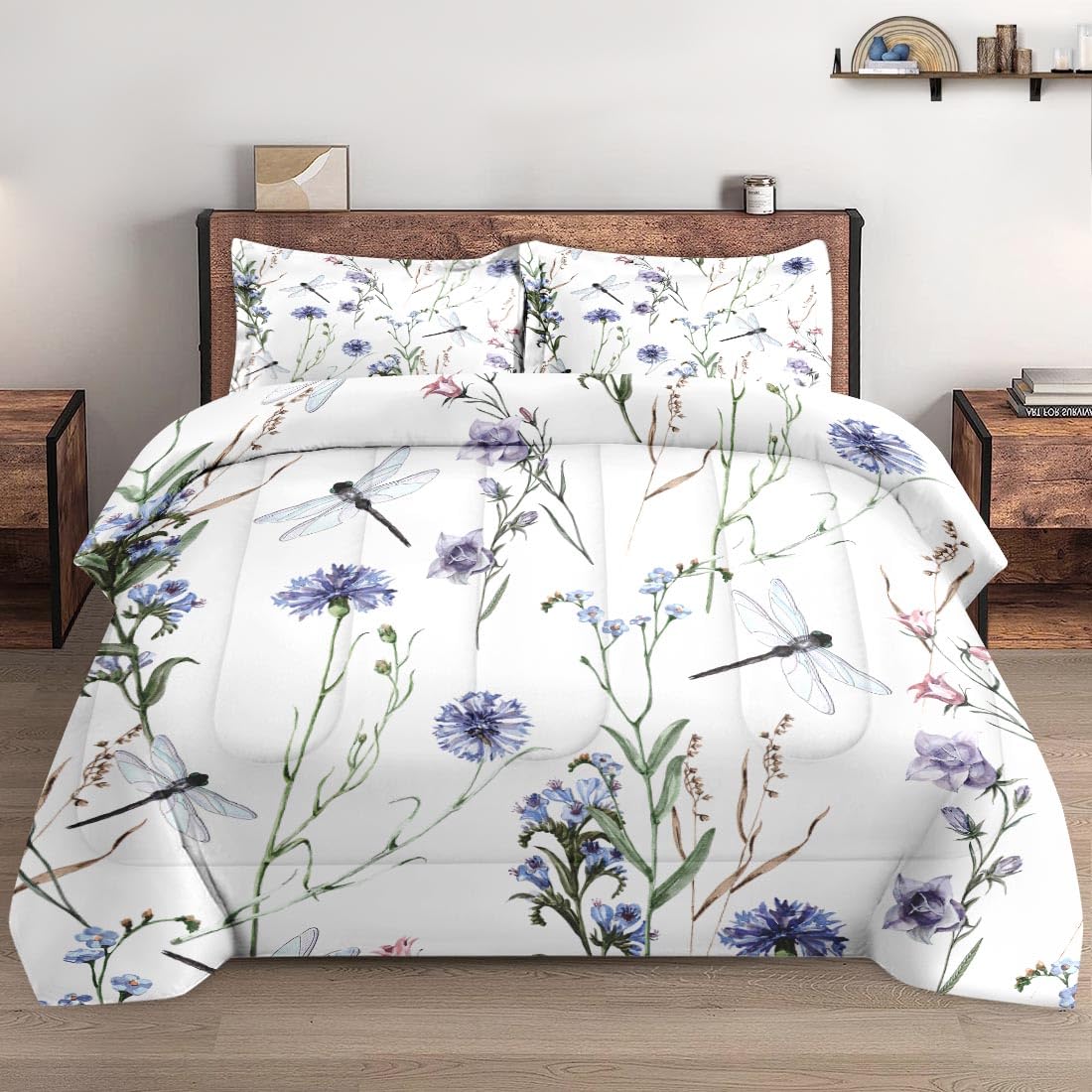 Wecozy Full Size Comforter Set With 2 Pillowcases, Summer Flower Painting Dragonfly Floral Soft 3 Pcs Bedding For Kids And Adult