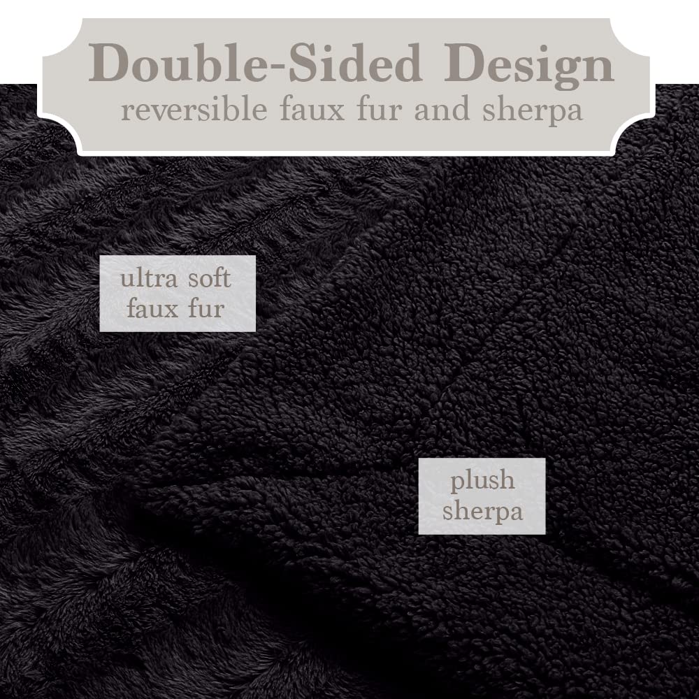The Connecticut Home Company Throw Blanket, Soft Plush Reversible Faux Fur And Sherpa, Warm Thick Throws For Bed, Comfy Washable Bedding Accent Blankets For Sofa Couch Chair,65X50, Black