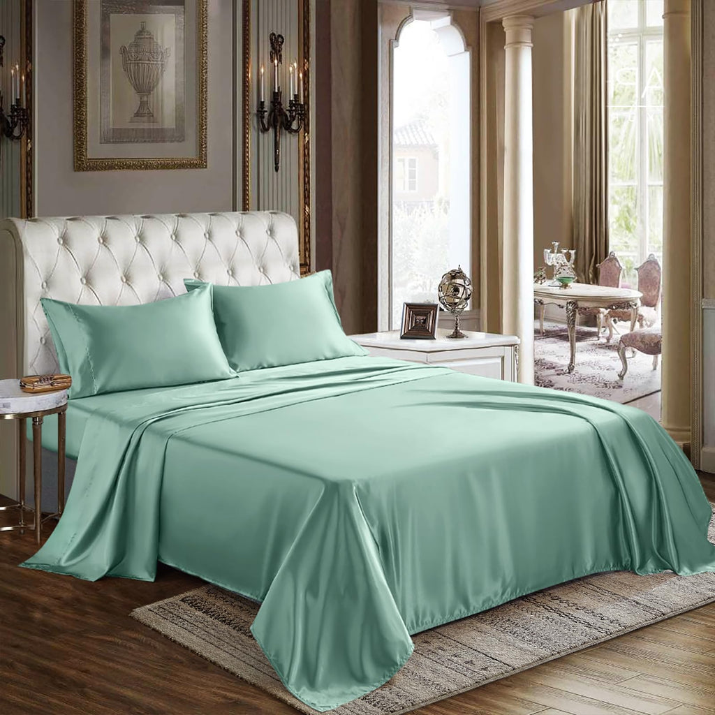 Cozylux Satin Sheets Full Size - 4 Piece Aqua Bed Sheet Set With Silky Microfiber, 1 Deep Pocket Fitted Sheet, 1 Flat Sheet, And
