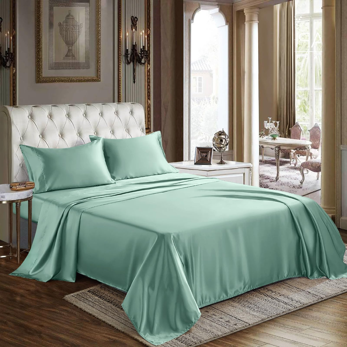 Cozylux Satin Sheets Full Size - 4 Piece Aqua Bed Sheet Set With Silky Microfiber, 1 Deep Pocket Fitted Sheet, 1 Flat Sheet, And