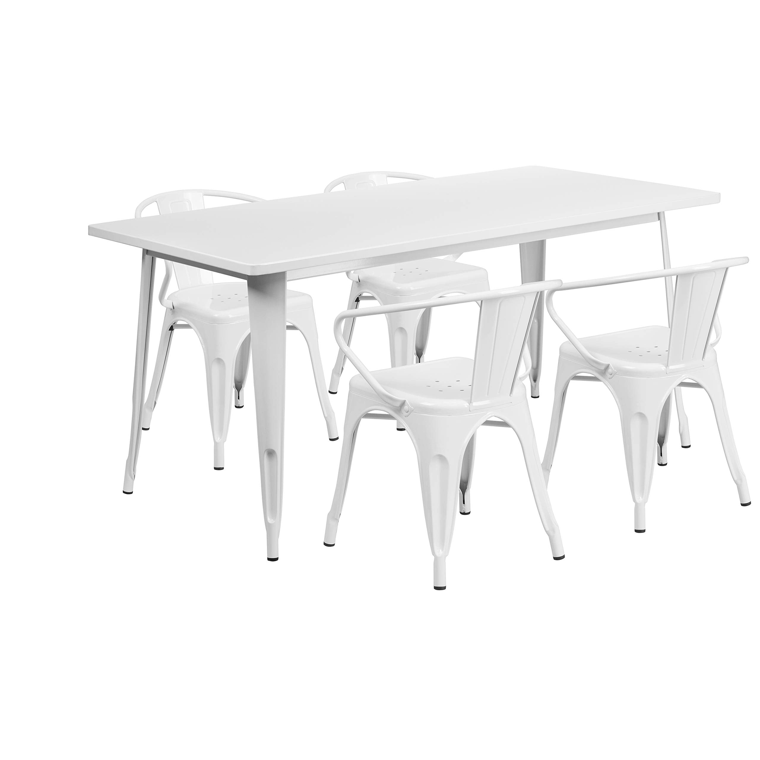 Flash Furniture Commercial Grade 31.5&quot; x 63&quot; Rectangular White Metal Indoor-Outdoor Table Set with 4 Arm Chairs