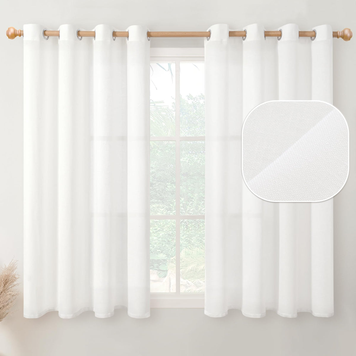 Youngstex White Linen Sheer Curtains 45 Inch Length For Short Windows Grommet Textured Drapes Lightweight For Bedroom Kitchen Ba