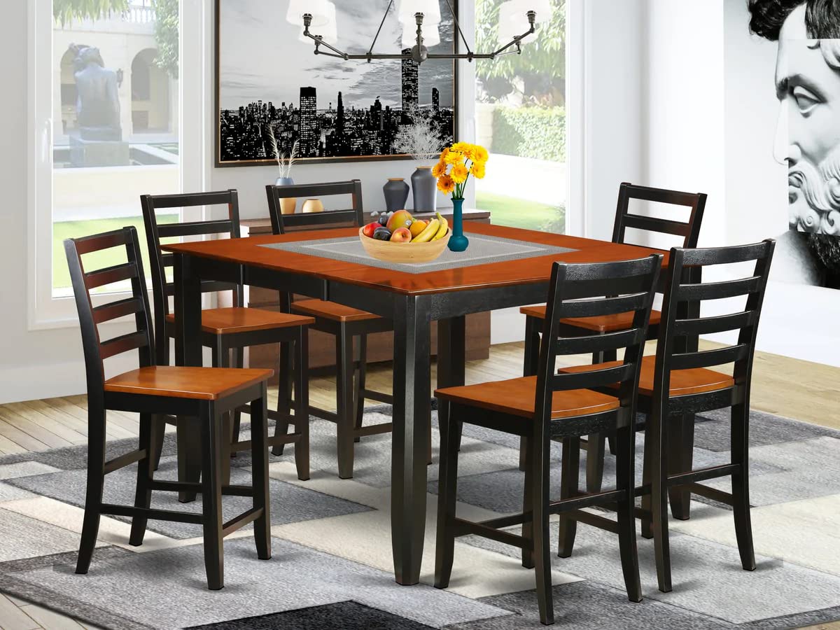 East West Furniture FAIR7-BLK-W Fairwind 7 Piece Kitchen Counter Height Set Consist of a Square Pub Table with Pedestal and 6 Dining Room Chairs, 54x54 Inch