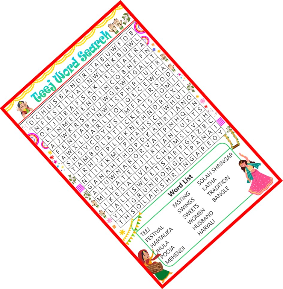 Womens Festival Theme Teej Word Search Game 80 Cards with Solution Sheet Kitty Party Time Based Puzzle Activity Game