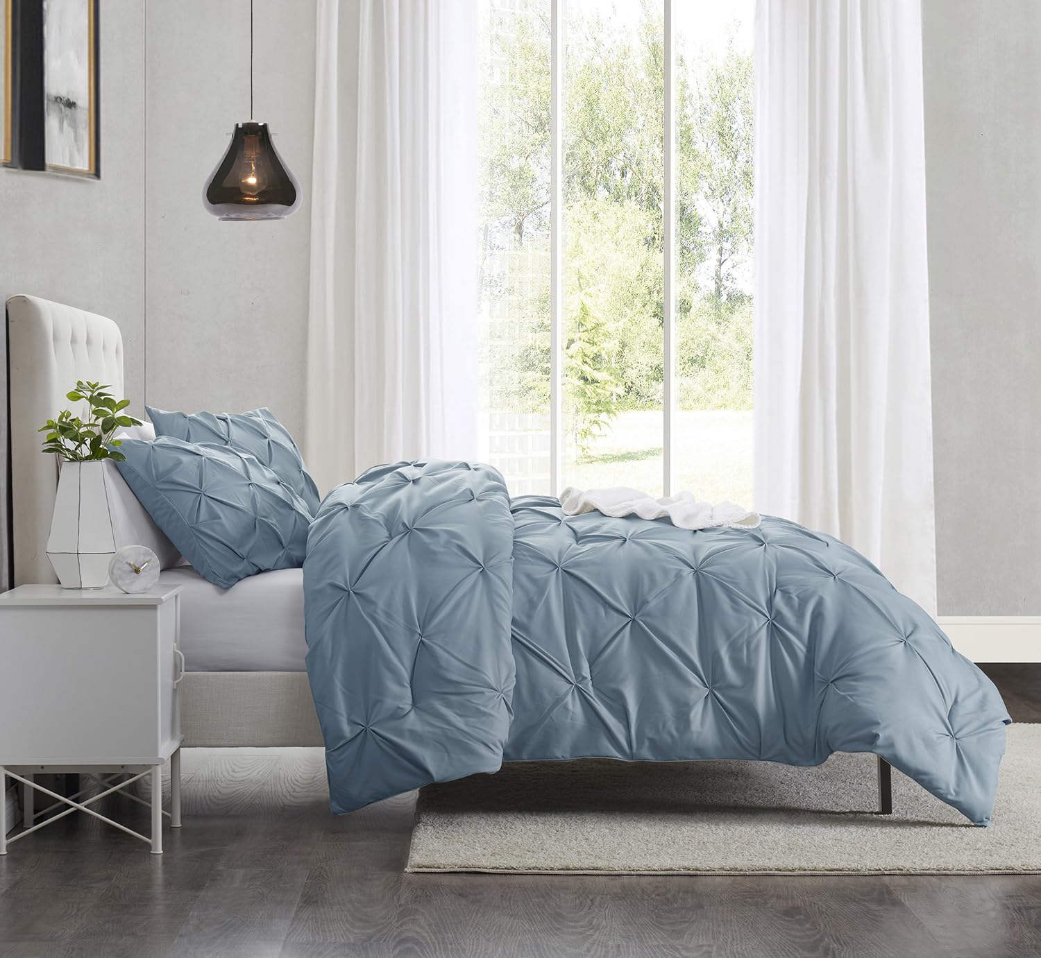 Nestl Stone Blue Duvet Cover Queen Size - Pintuck Queen Duvet Cover Set, 3 Piece Double Brushed Duvet Covers With Button Closure