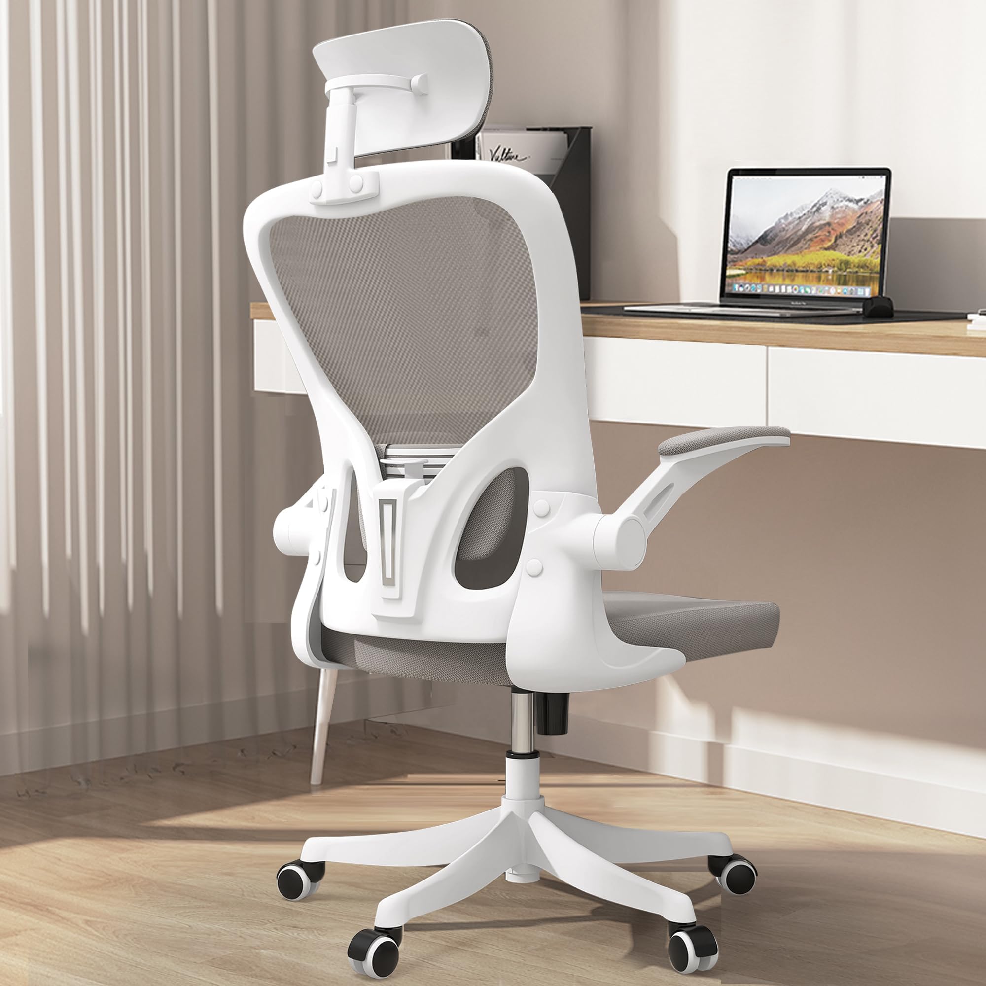 Monhey Office Chair, Ergonomic Office Chair, Home Office Desk Chairs With Lumbar Support, 3D Headrest And Flip Up Arms, Rockable Swivel Computer Chair Grey Mesh Chair For Home Office