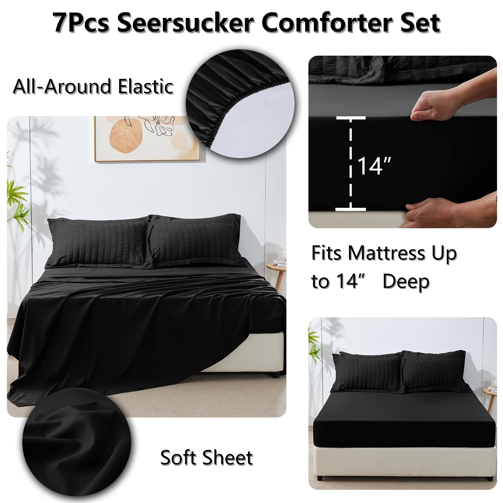 Cozylux King Seersucker Comforter Set With Black Bed In A Bag 7-Pieces All Season Bedding With Comforter, Pillow Sham, Flat Sheet, Fitted Sheet, Pillowcase