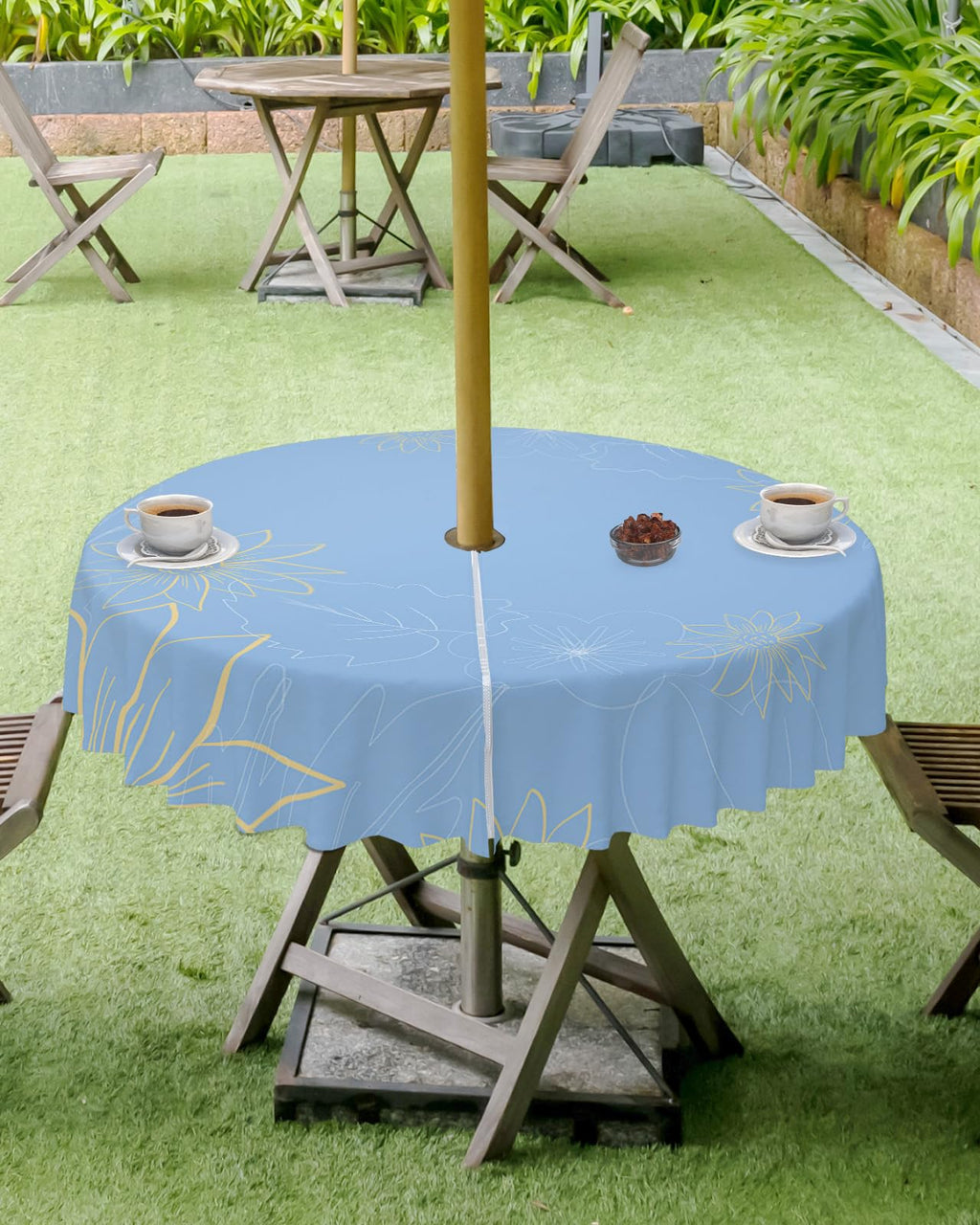 Queenker Outdoor Tablecloth With Umbrella Hole, Minimalist Lines Leaves Flowers Blue Round Tables Waterproof Tabletop Collection