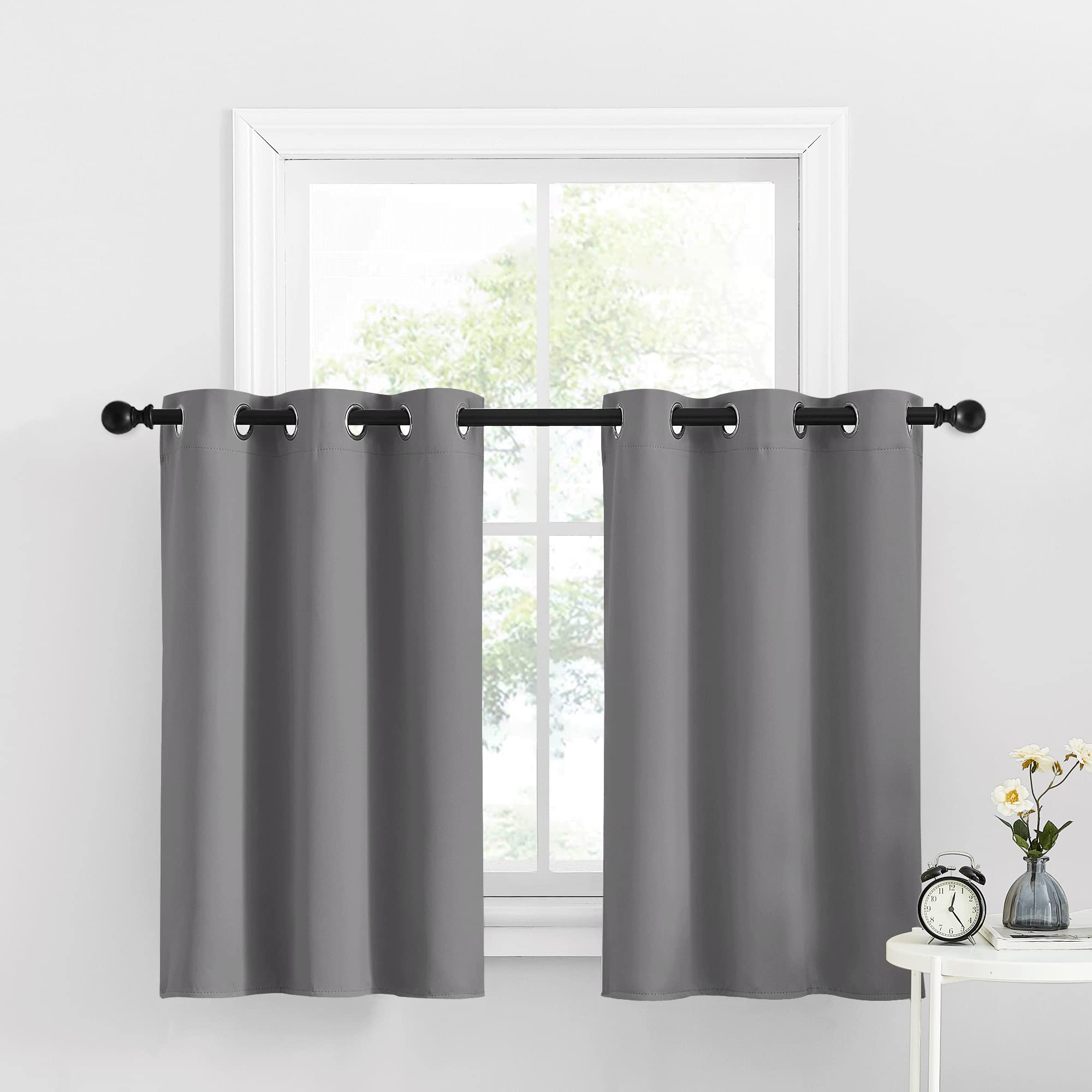 Nicetown Short Curtain Tiers For Small Window, Blackout Curtains Thermal Insulated Light Blocking Drapes Grommet Top Curtain Panels For Bedroom & Kitchen, 34 W X 36 L, Silver Grey, 1 Pair