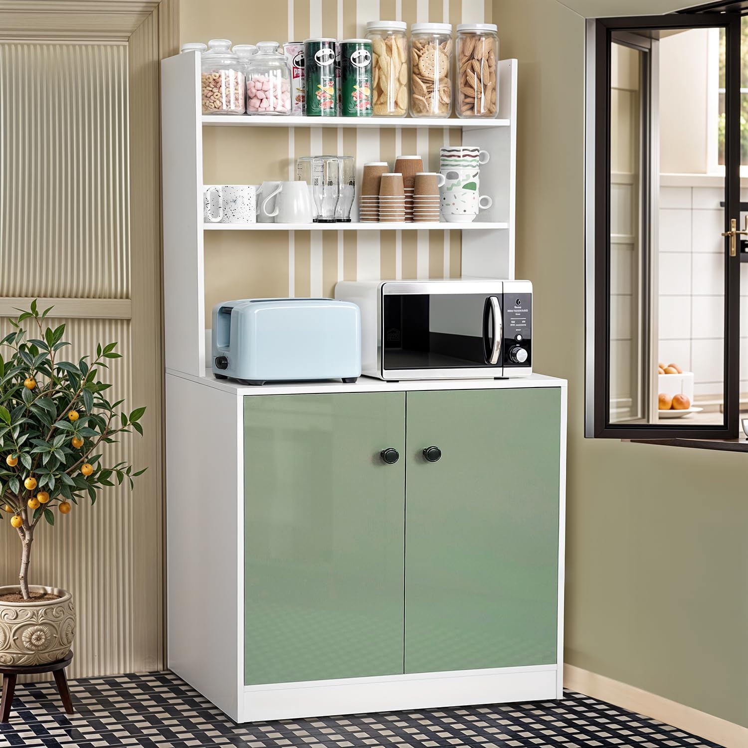 About Space 5 Tier Kitchen Organizer Rack  5.5 Ft Wooden Kitchen Cabinet With 3 Open Shelves & 2 Storage Rack With Door Easy To