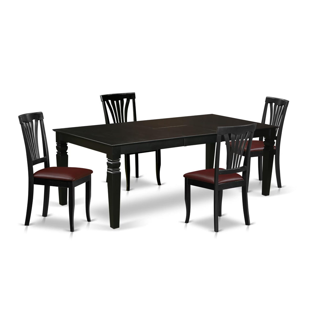 East West Furniture LGAV5-BLK-LC 5 Piece Dinette Set Includes a Rectangle Dining Room Table with Butterfly Leaf and 4 Faux Leather Upholstered Dining Chairs, 42x84 Inch, Black