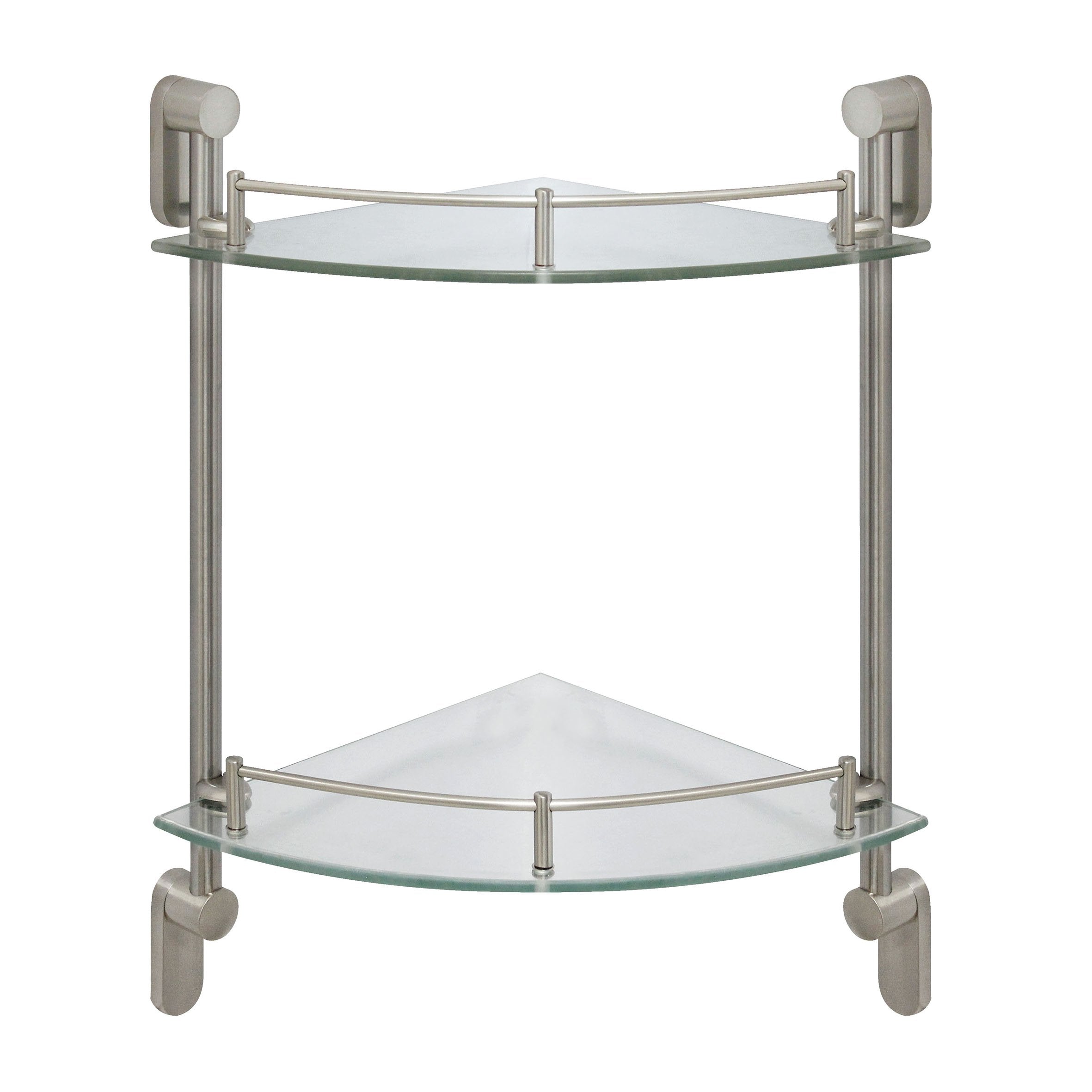 MODONA Double Corner Glass Shelf with Pre-Installed Rail - Satin Nickel - Oval Series - 5 Year Warrantee