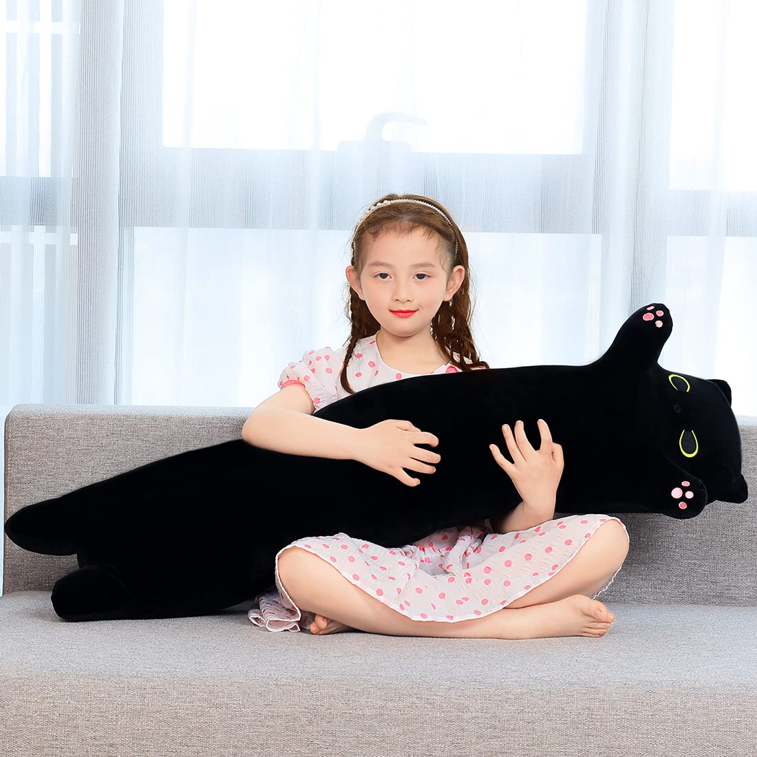 Long Cat Plush Cute Black Cat Stuffed Animals 43Inch Soft Plushies Body Pillow Kitten Plush Throw Pillow Kawaii Big Plush Doll T