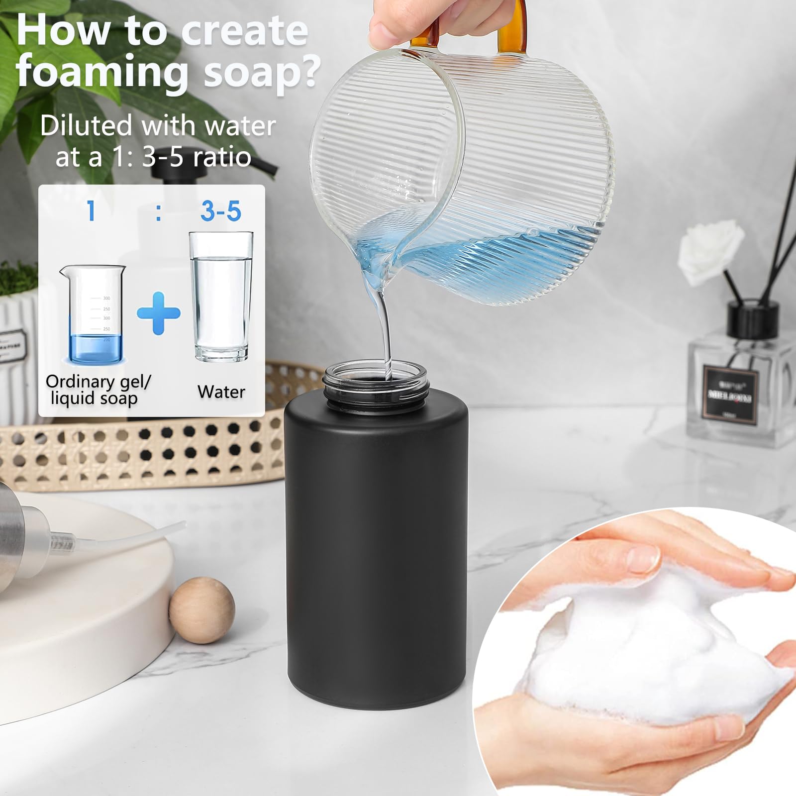 Foaming Soap Dispenser Set, 12 Oz Glass Hand Soap Dispenser With 304 Rust Proof Stainless Steel Pump, Waterproof Labels, For Bat