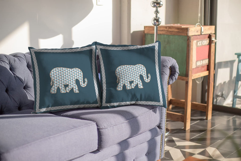 HomeRoots White On Muted Blue Broadcloth 20â€ Spruce Blue Elephant Indoor Outdoor Throw Pillow