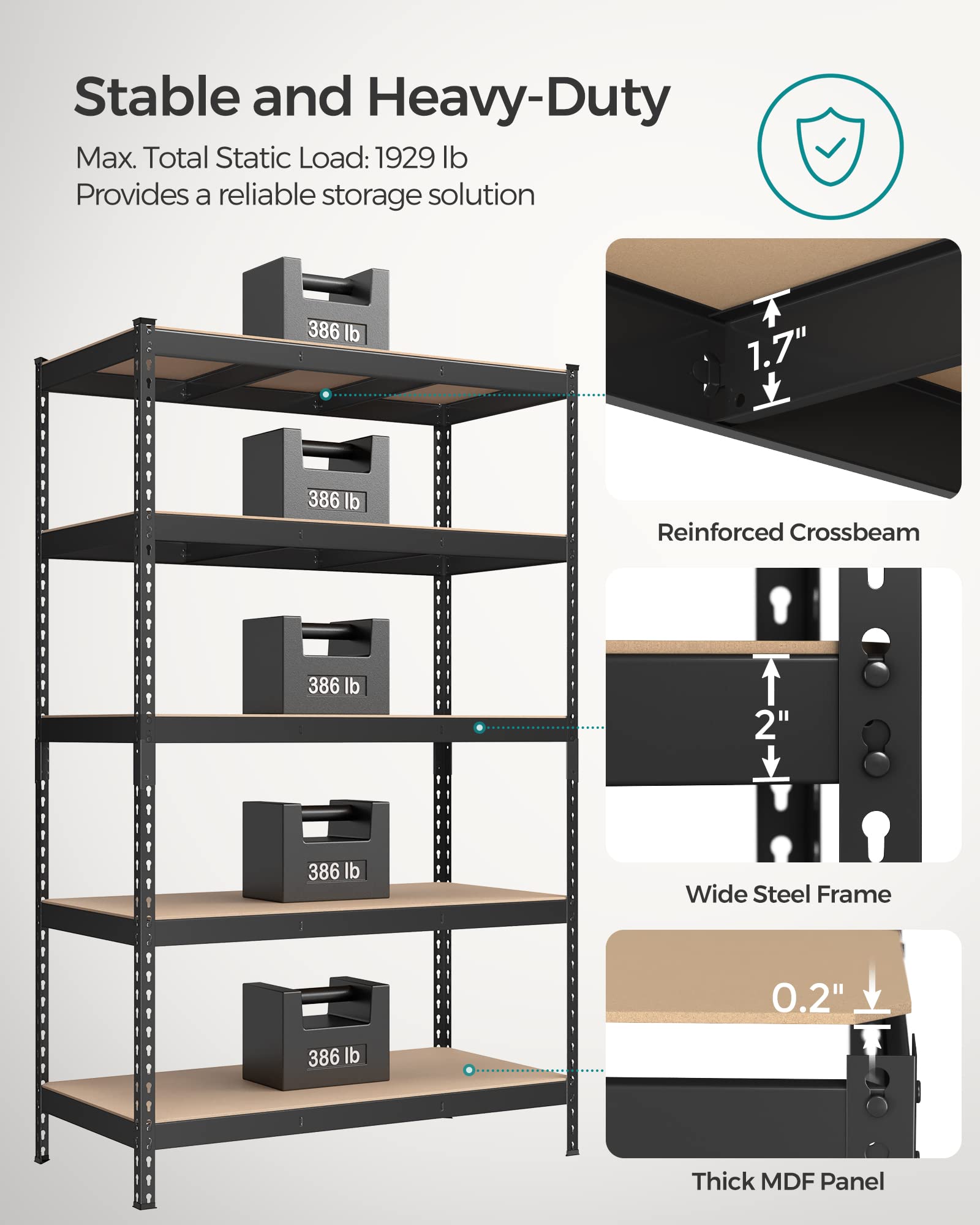 Songmics 5-Tier Storage Shelves, Set Of 2 Garage Storage, Boltless Assembly, Adjustable Shelving Units, 23.6 X 47.2 X 70.9 Inches, Load 1929 Lb Each, Shed Warehouse Basement, Black Uglr600B02